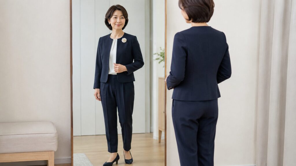 ネイビーのショートジャケットとテーパードパンツで、低身長でもすっきり見えるIラインを作ったセレモニースーツ姿