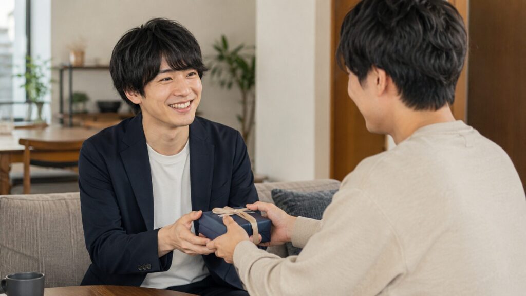 日本人男性が友人や家族から就職祝いの小さなプレゼントを受け取る、自然で温かい贈答シーンの写真