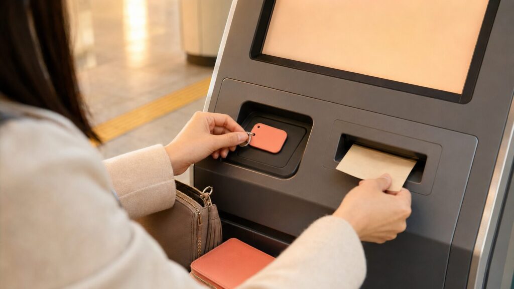 韓国の地下鉄駅にあるチャージ機でTmoneyキーホルダーへ現金をチャージする様子