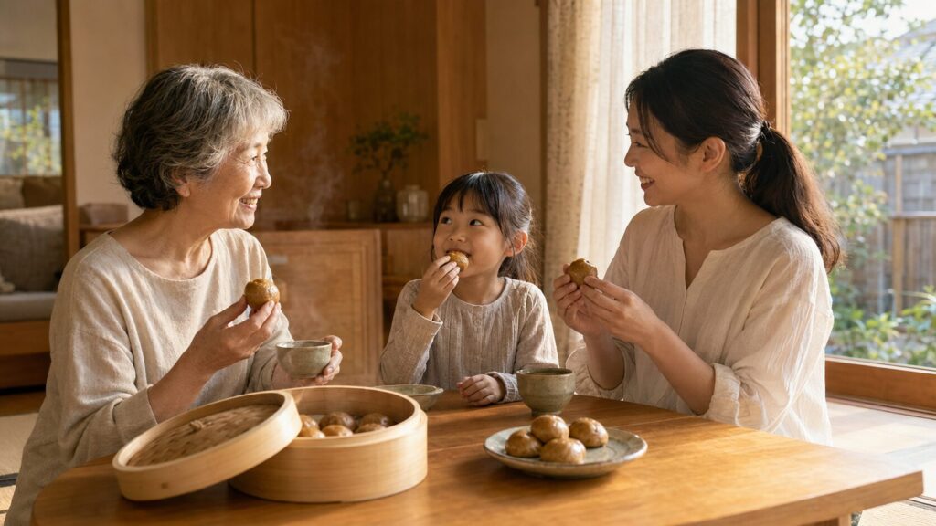 手作りした一口黒糖まんじゅうを囲んで楽しむ日本人の三世代家族