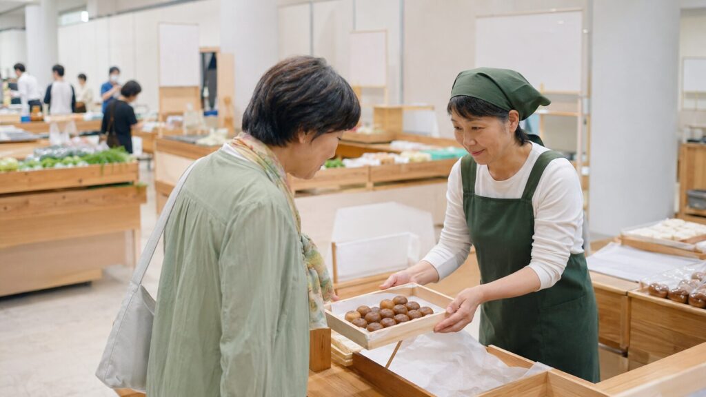 地域の販売店で一口サイズの黒糖まんじゅうを確認する日本人女性