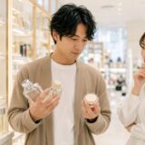 ドンキの香水売り場でステラホワイトに似た香水を選ぶ日本人男女