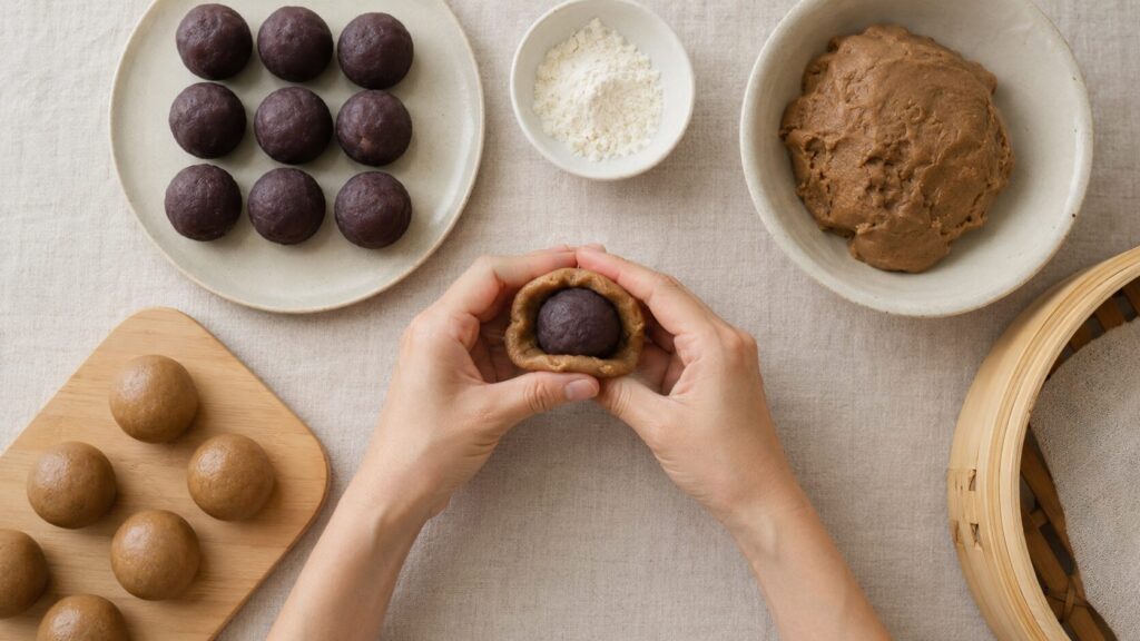 黒糖生地でこしあんを包み10円まんじゅう風に成形する手作り工程