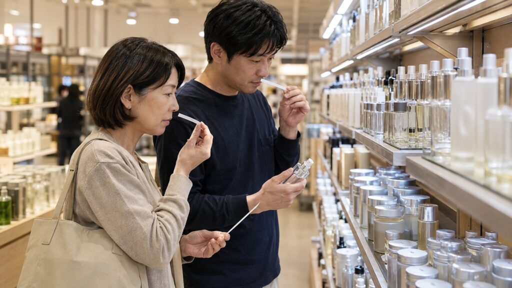 ドンキの香水売り場でステラホワイトに似た香水を選ぶ日本人男女