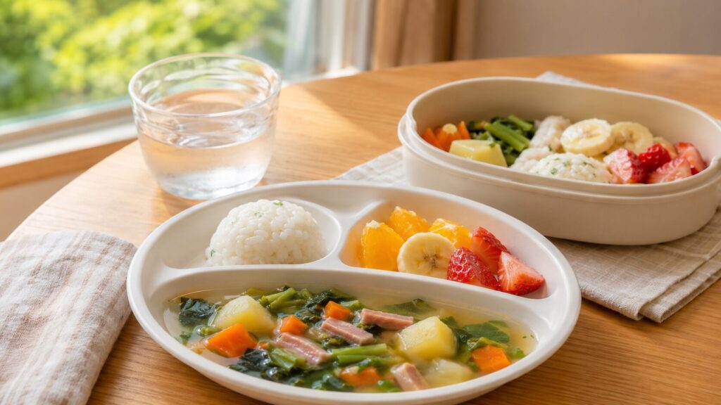 細かく切ったポークビッツを野菜やご飯と組み合わせた幼児食