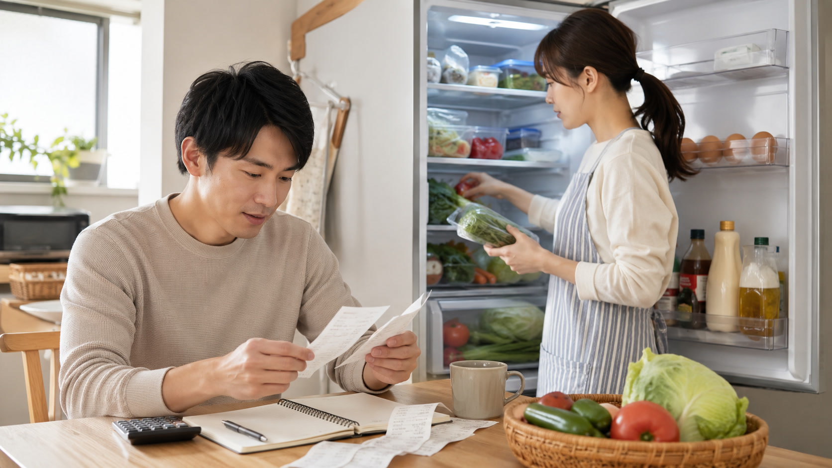 冷蔵庫の中身とレシートを確認しながら食費を把握する夫婦の様子