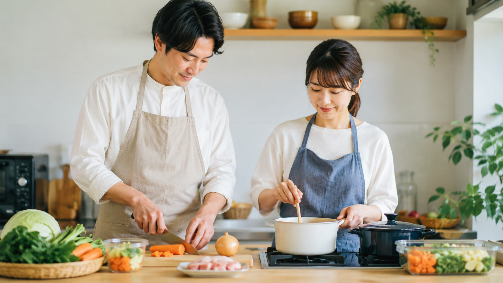 夫婦二人分の食事を無駄なく調理しているキッチンの様子