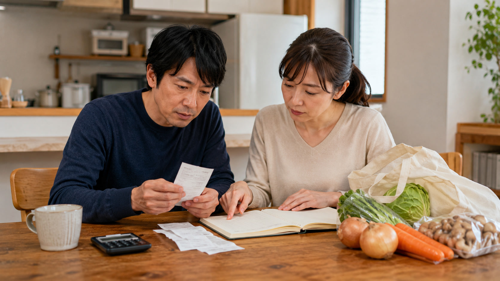 夫婦二人で食費の記録を見ながら家計を確認している様子