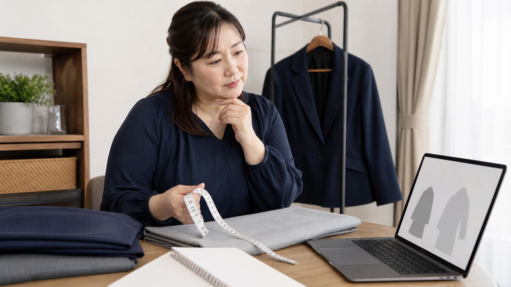 自宅でメジャーとパソコンを使い、40代女性が通販やオンラインオーダーのスーツサイズを確認している様子