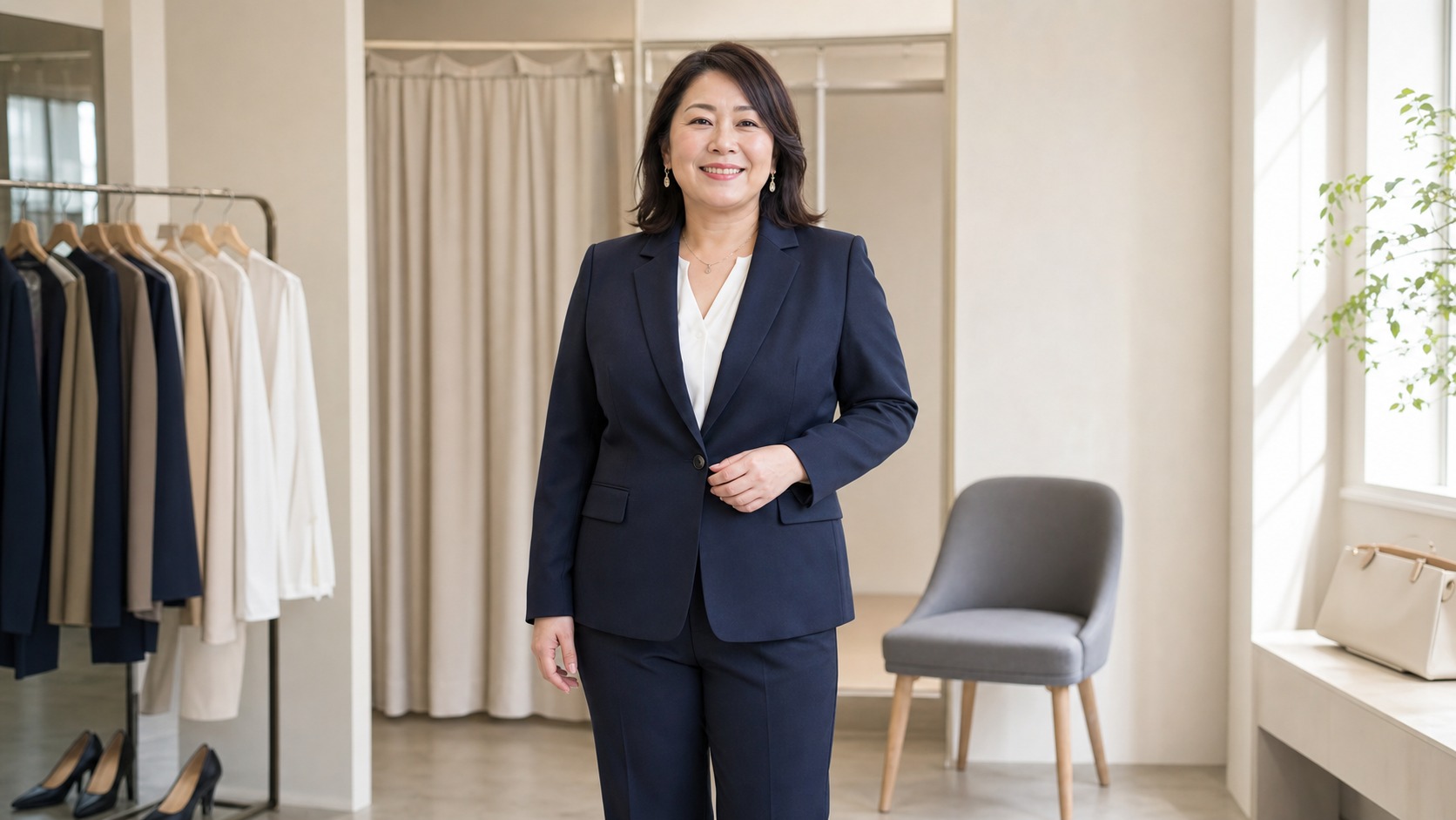 明るいフィッティングスペースでネイビースーツを着る40代ぽっちゃり女性