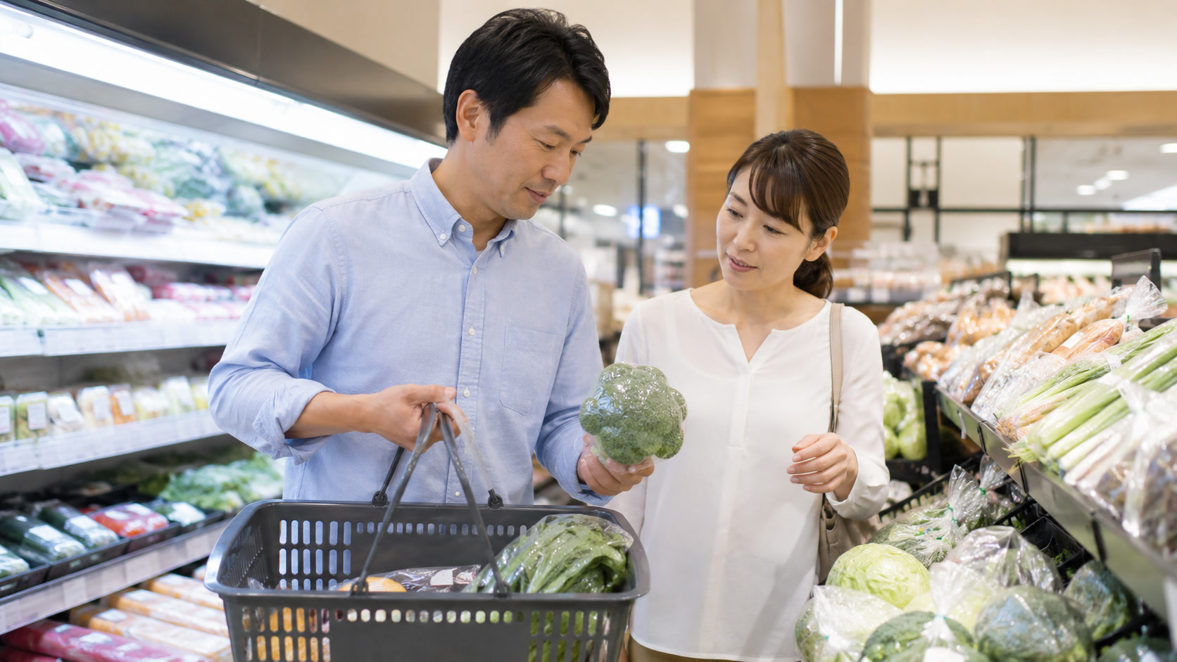 買い物リストを確認しながら必要な食材を選ぶ夫婦の様子