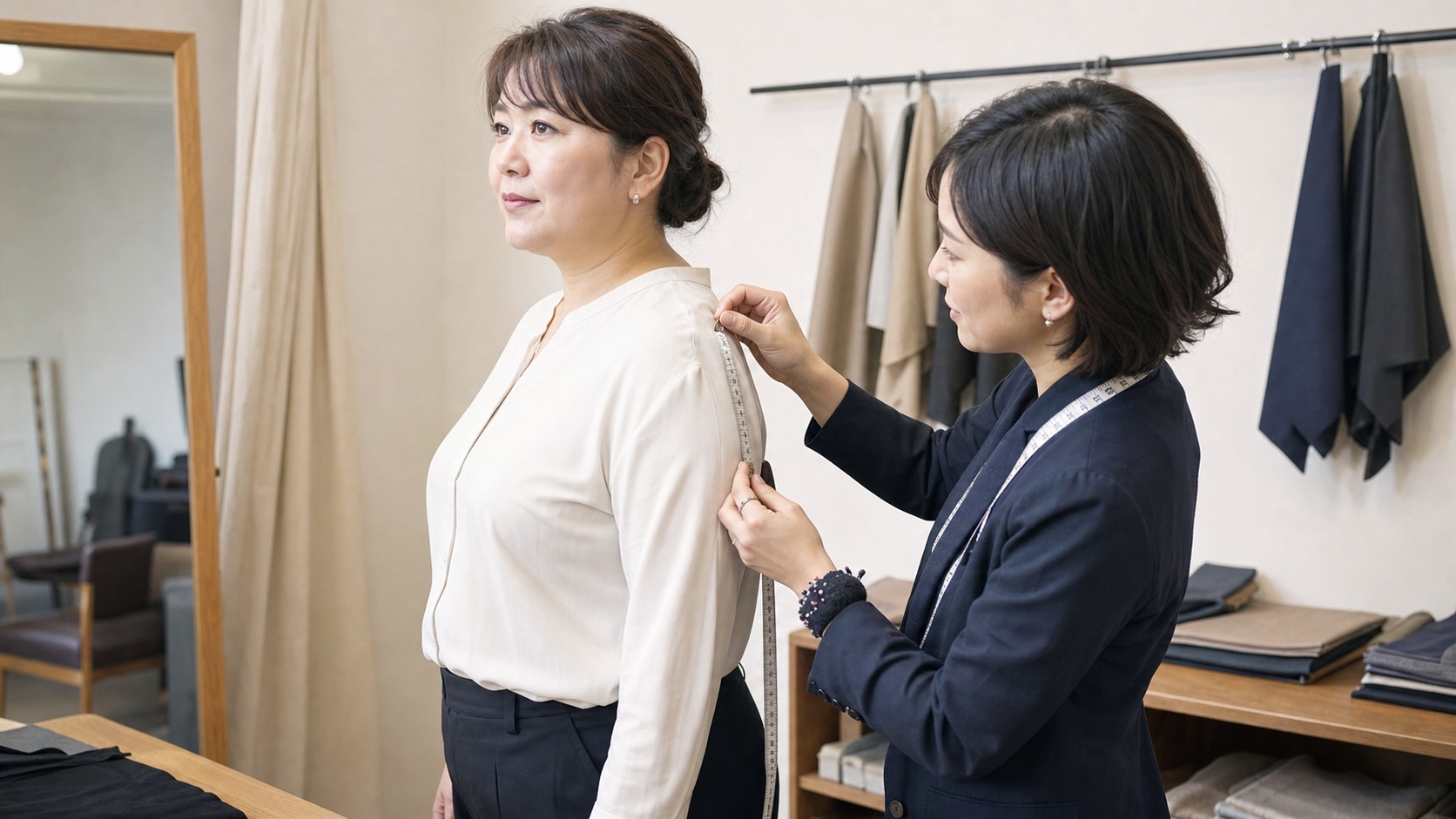 テーラーで肩まわりを採寸し、40代ぽっちゃり女性に合うオーダースーツを調整している様子