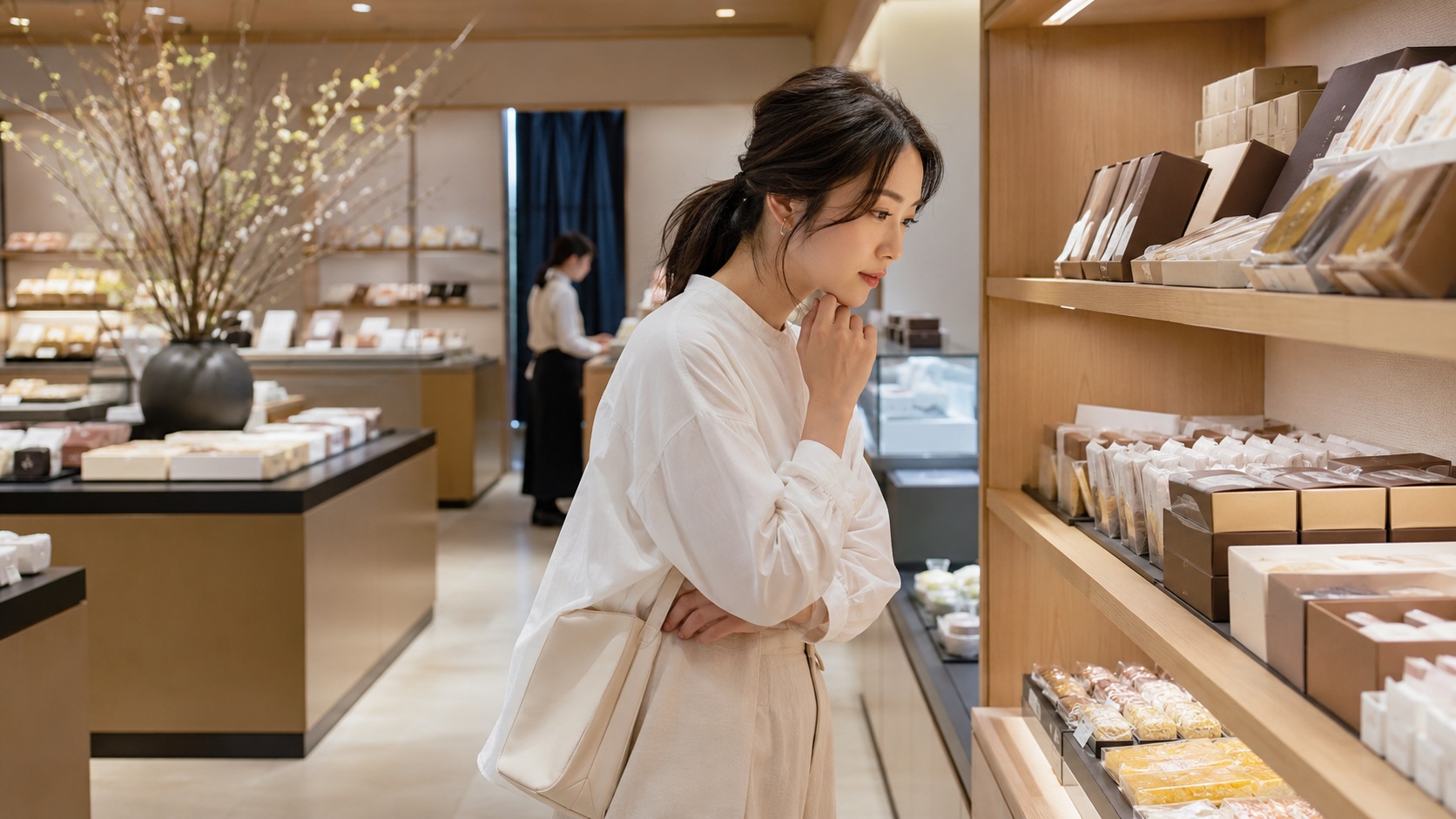 和菓子売り場で商品を探す日本人女性の実店舗イメージ写真