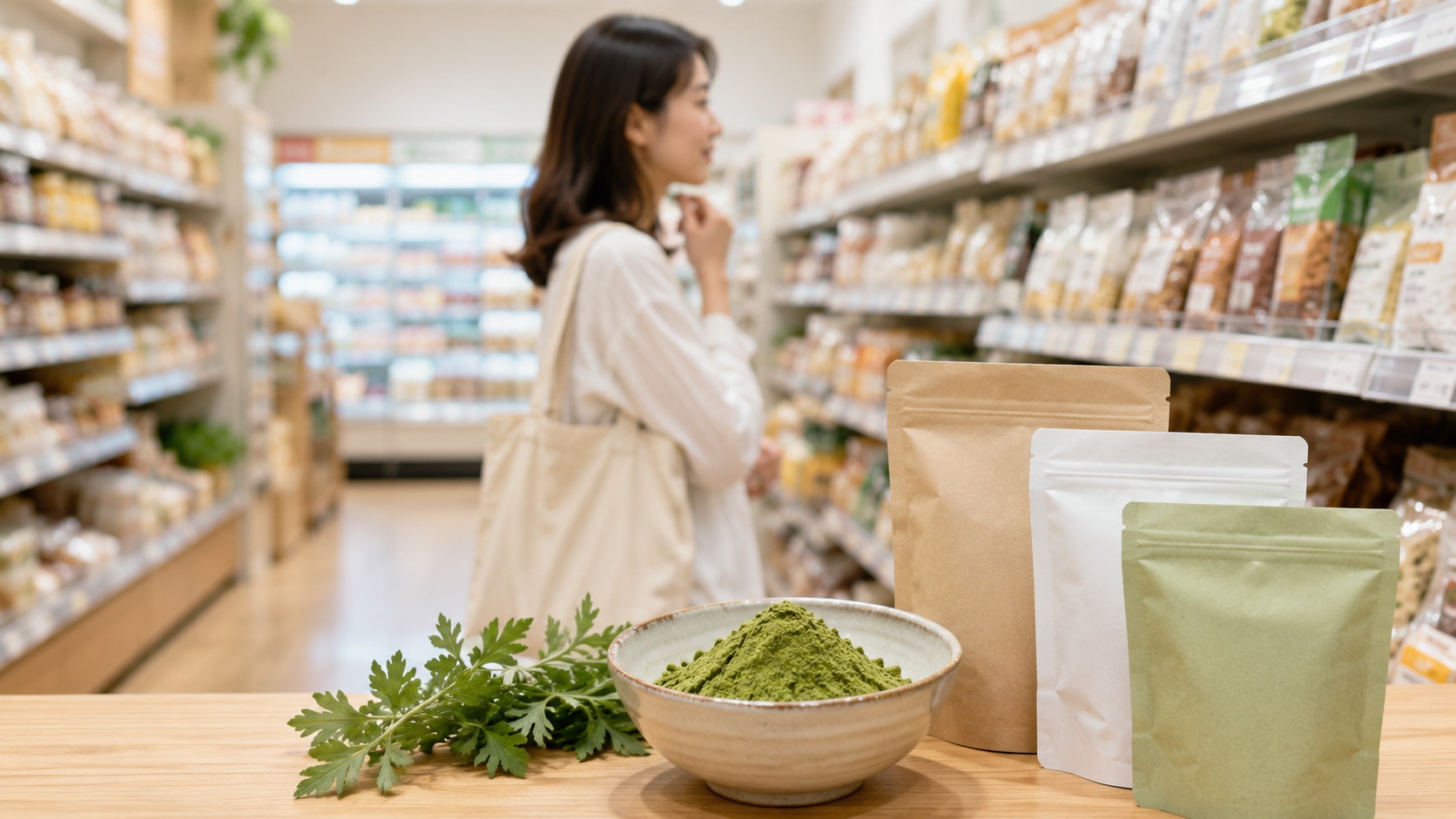 業務スーパーの店内でよもぎ粉を探すイメージ
