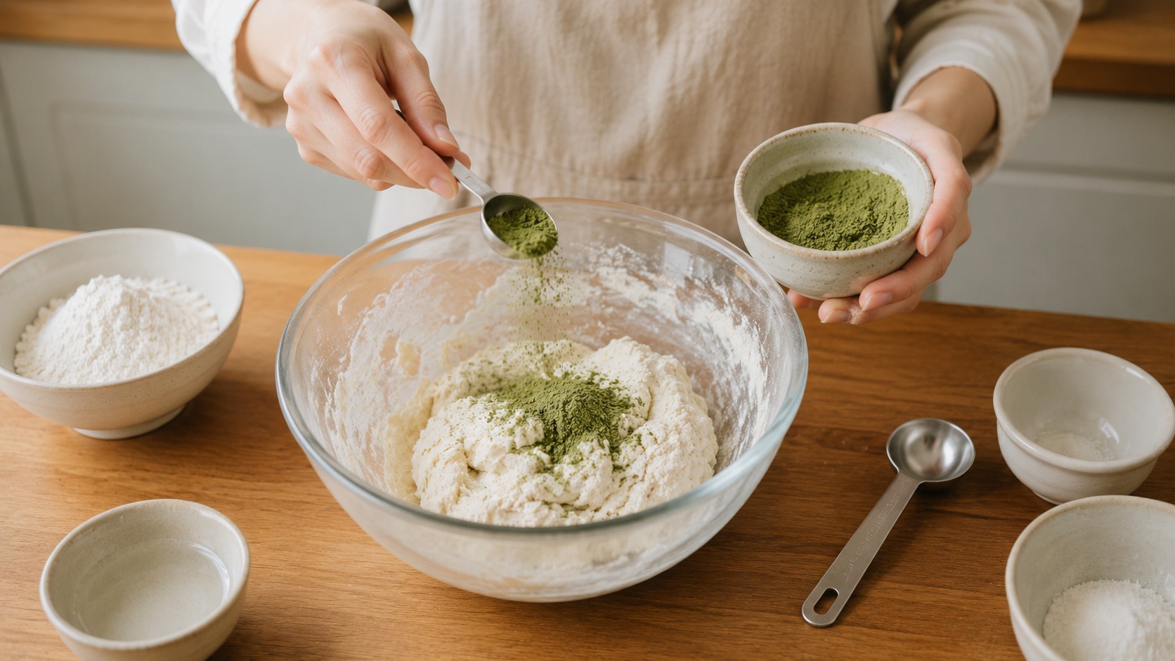 自宅でよもぎ粉を少しずつ混ぜながら生地作りをしている様子