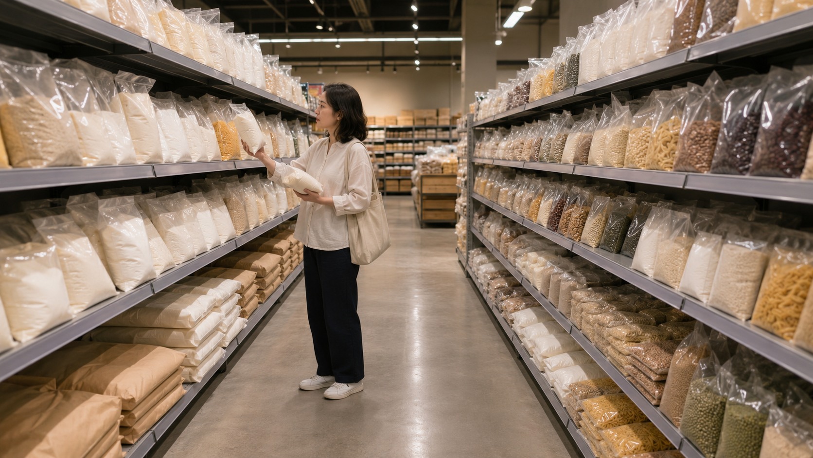 粉類や乾物の棚を見ながらよもぎ粉の売り場を探している様子