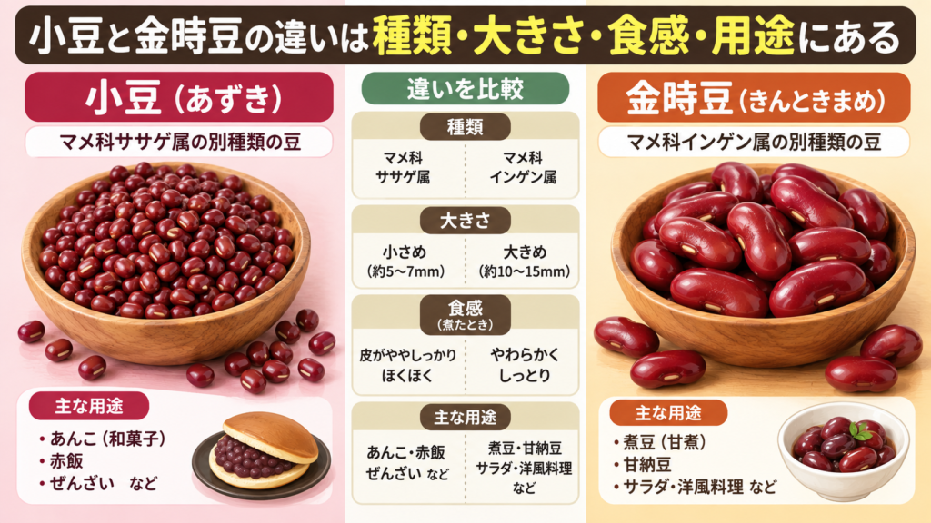 小豆と金時豆の違いは種類・大きさ・食感・用途にある